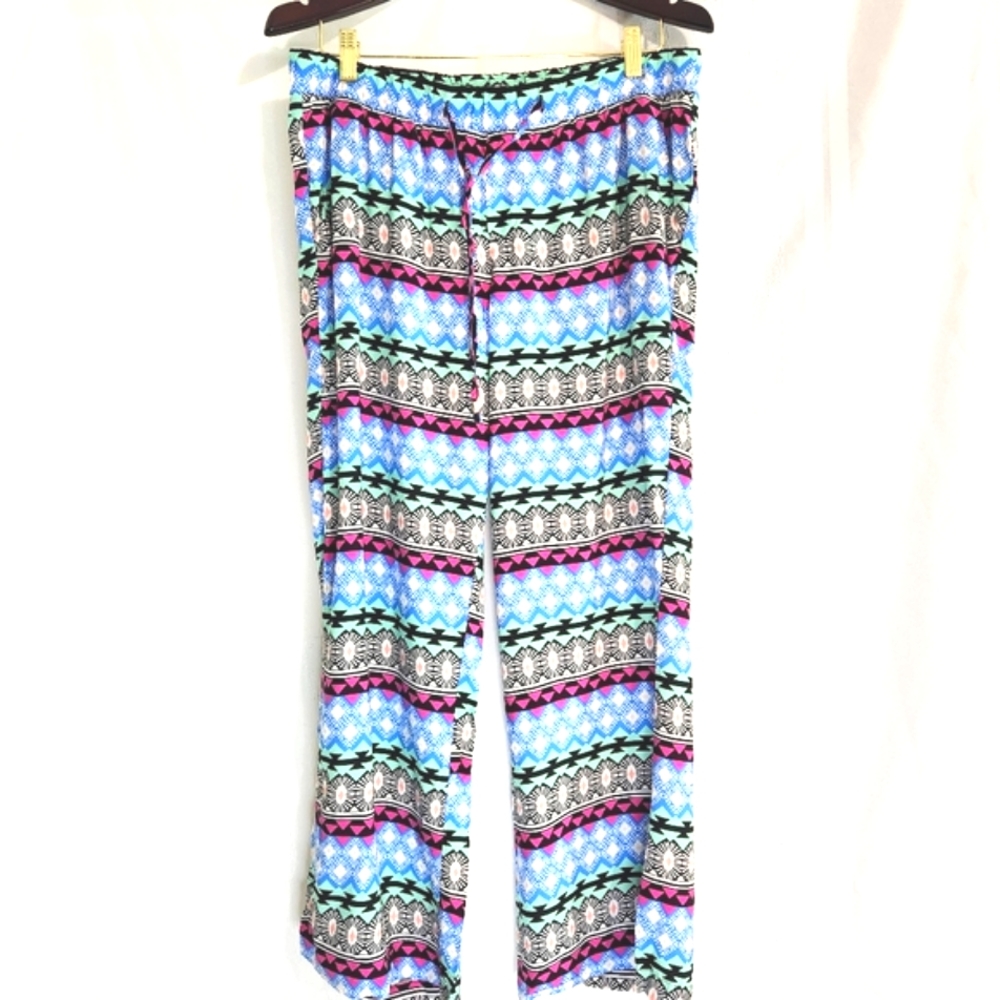 OLD NAVY BLUE GREEN BLACK WIDE LEG PANTS TRIBAL AZTEC SIZE LARGE BOHO    #85